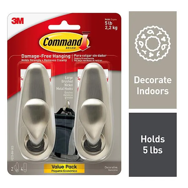 Command Classic Hook Large Brushed Nickel Pkg/2