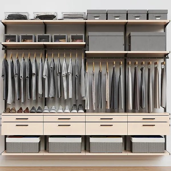 Décor+ by Elfa 8' Closet w/ Horizontal Solid Drawers Mt Grey & Nat Birch